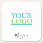 Your Logo/Art/Photo, Name Black Script, White Square Paper Coaster<br><div class="desc">Personalize with your Company Logo,  Art or Photo and name in black script on white background. Click “Edit Using Design Tool” to change colours and type styles.</div>