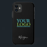 Your Logo/Art/Photo, Name White Script, Black iPhone 11 Case<br><div class="desc">Personalize with your Company Logo,  Art or Photo and name in white script on black background. Click “Customize” to change colours and type styles.</div>