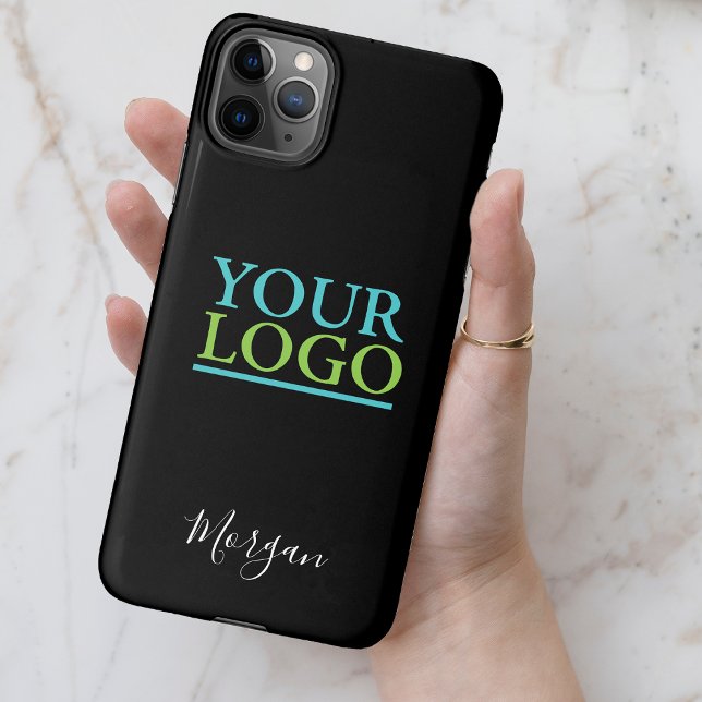 Your Logo/Art/Photo, Name White Script, Black iPhone Case (Creator Uploaded)