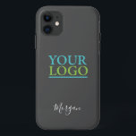 Your Logo/Art/Photo, Name White Script, Dark Grey iPhone 11 Case<br><div class="desc">Personalize with your Company Logo,  Art or Photo and name in white script on Dark Grey background. Click “Customize” to change colours and type styles.</div>