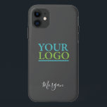 Your Logo/Art/Photo, Name White Script, Dark Grey iPhone 11 Case<br><div class="desc">Personalize with your Company Logo,  Art or Photo and name in white script on Dark Grey background. Click “Customize” to change colours and type styles.</div>