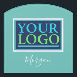 Your Logo/Art/Photo, Name White Script, Light Teal Door Sign<br><div class="desc">Personalize with your Company Logo,  Art or Photo and name in white script on Light Teal background. Click “Customize” to change colours and type styles.</div>