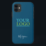 Your Logo/Art/Photo, Name White Script, Ocean Blue iPhone 11 Case<br><div class="desc">Personalize with your Company Logo,  Art or Photo and name in white script on Ocean Blue background. Click “Customize” to change colours and type styles.</div>