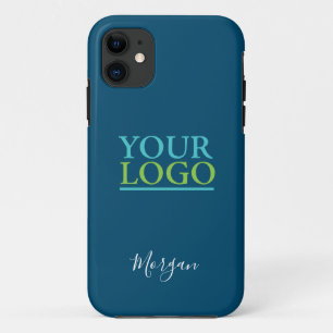 Your Logo/Art/Photo, Name White Script, Ocean Blue iPhone 11 Case