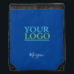 Your Logo/Art/Photo, White Script Name, Deep Blue Drawstring Bag<br><div class="desc">Personalize with your Company Logo,  Art or Photo and Name in White Script on Deep Blue background.</div>