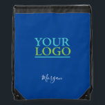 Your Logo/Art/Photo, White Script Name, Deep Blue Drawstring Bag<br><div class="desc">Personalize with your Company Logo,  Art or Photo and Name in White Script on Deep Blue background.</div>