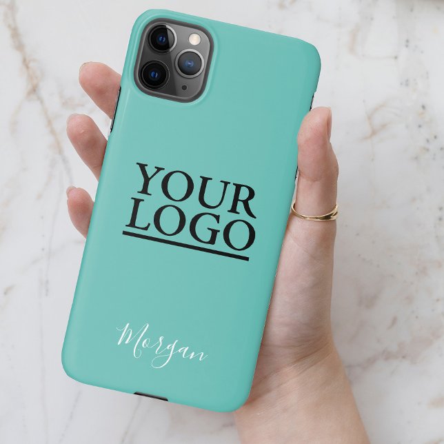 Your Logo/Art/Photo, White Script Name, Light Teal iPhone Case (Creator Uploaded)