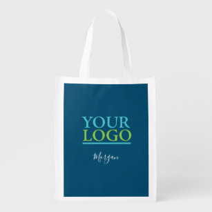Your Logo/Art/Photo, White Script Name, Ocean Blue Reusable Grocery Bag