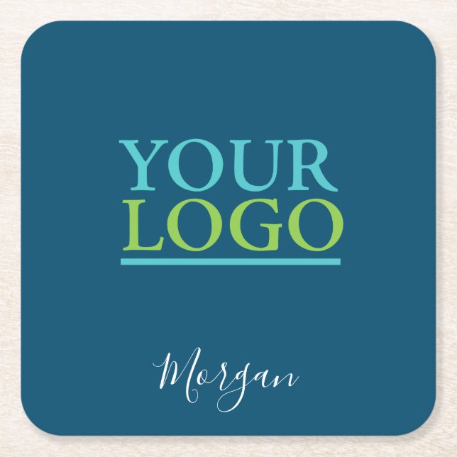 Your Logo/Art/Photo, White Script Name, Ocean Blue Square Paper Coaster (Front)