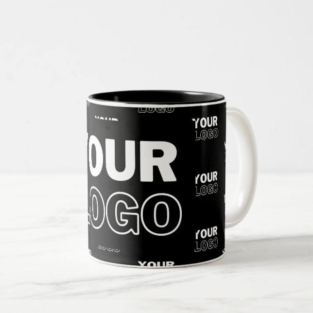 Your Logo & Background Repeating Logo | Black Two-Tone Coffee Mug (Front Right)