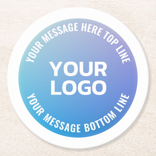 Your Logo | Blue to Purple Ombre & Circular Text Round Paper Coaster (Front)