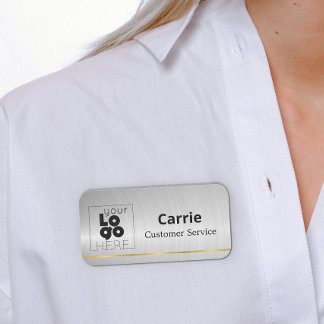 Your Logo Brushed Metallic Silver Name Tag w/ Gold