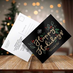 Your Logo Business Gold Happy Text Holidays Black  Holiday Postcard