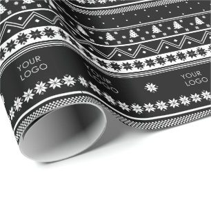 Your Logo Business Nordic Christmas Pattern Black Wrapping Paper