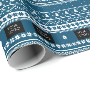 Your Logo Business Nordic Christmas Pattern Blue Wrapping Paper