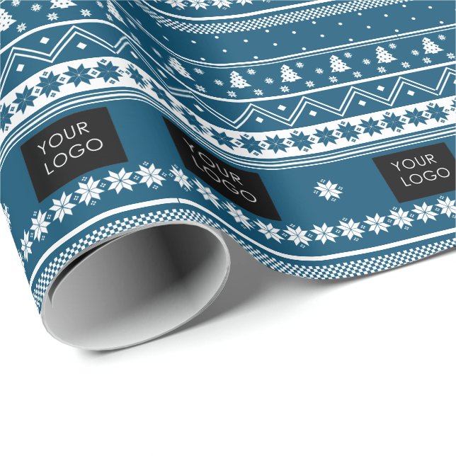 Your Logo Business Nordic Christmas Pattern Blue Wrapping Paper (Roll Corner)