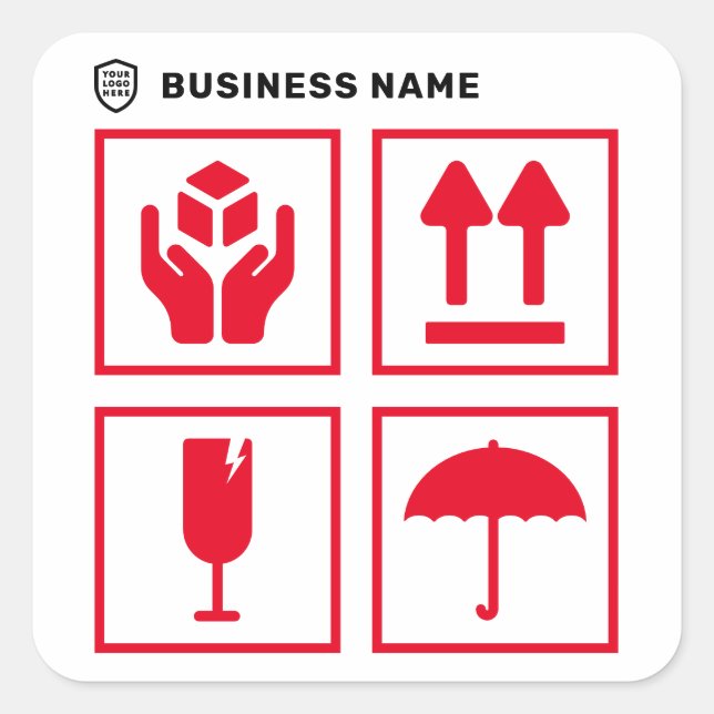 Your Logo Business | Package Handling Symbol Red Square Sticker (Front)