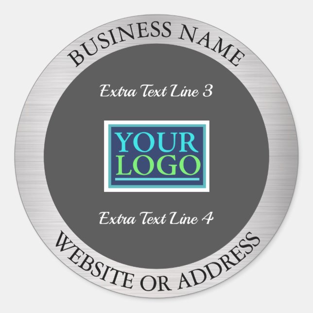 Your Logo Business Promo, All Info, Silver Metal Classic Round Sticker (Front)
