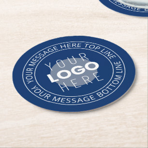 Your Logo & Customizable Circular Text   Navy Blue Round Paper Coaster