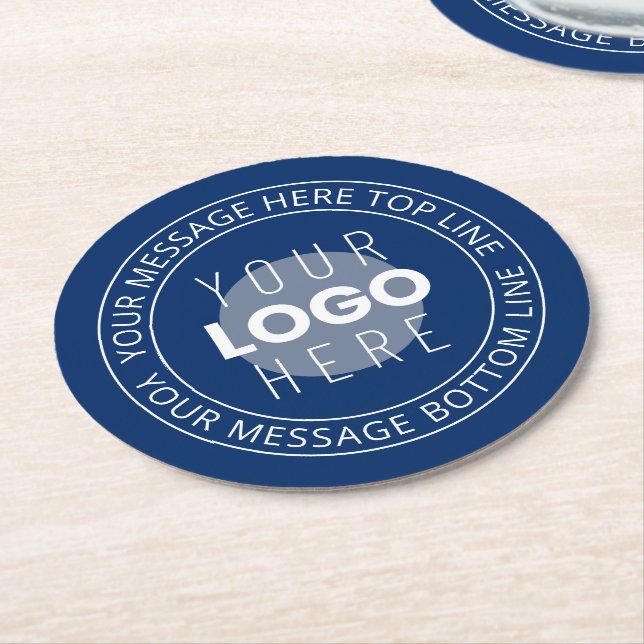 Your Logo & Customizable Circular Text | Navy Blue Round Paper Coaster (Angled)