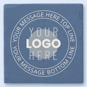 Your Logo & Customizable Circular Text Navy Blue Stone Coaster
