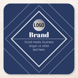 Your Logo & Customizable Modern Design Navy Blue Square Paper Coaster