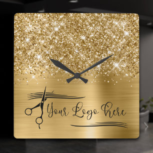 Your Logo Glittery Gold Glam Square Wall Clock