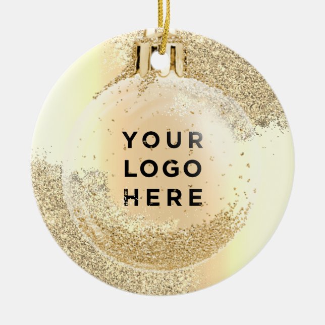 Your Logo Gold Glitter Drips Trendy Christmas Ball Ceramic Ornament (Front)