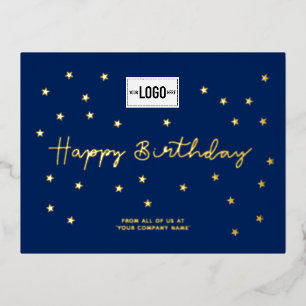 Your Logo Gold Stars Navy Blue Business Birthday Foil Holiday Postcard