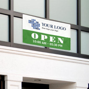 Your Logo Green Open Business Opening Hours Banner