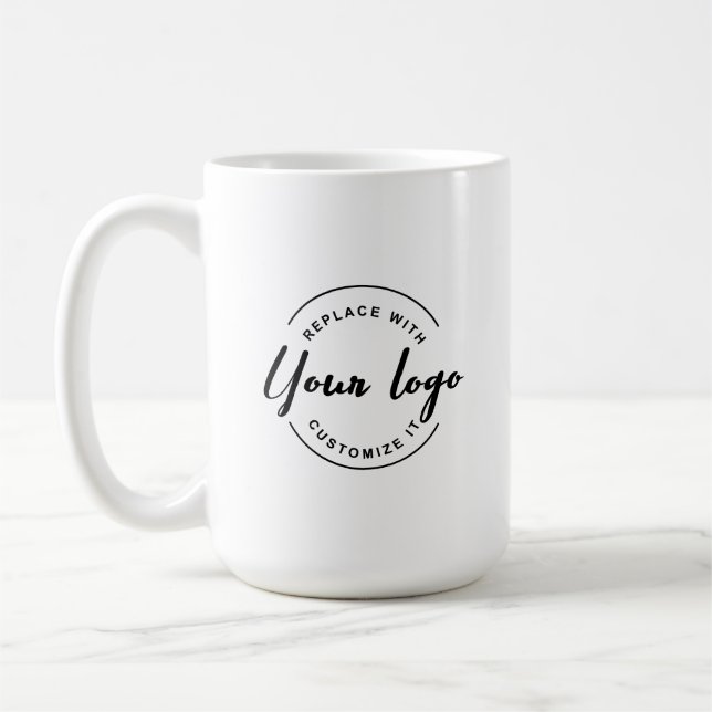 Your Logo Here Black and White Branded Custom Coffee Mug (Left)