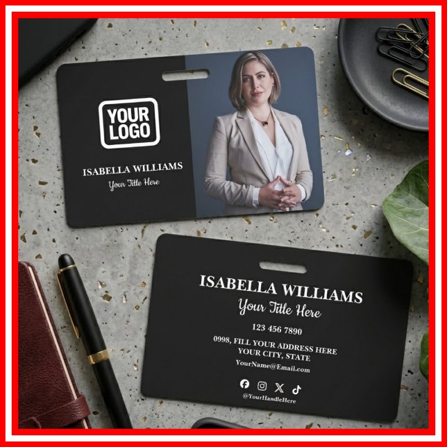 Your Logo Here Modern Black Photo Staff Name Badge (Creator Uploaded)