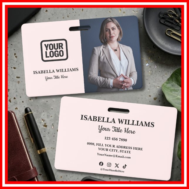 Your Logo Here Modern Pink Photo Staff Name Badge (Creator Uploaded)