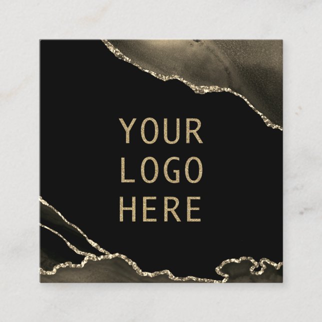 Your Logo Here QR Code Elegant Black Gold Agate Square Business Card (Front)