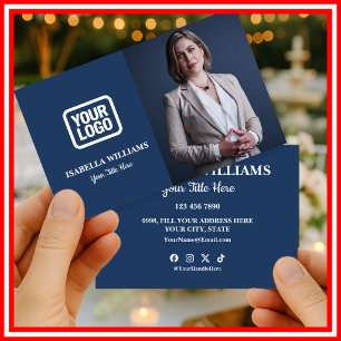 Your Logo Here Simple Modern Photo Navy Blue Business Card