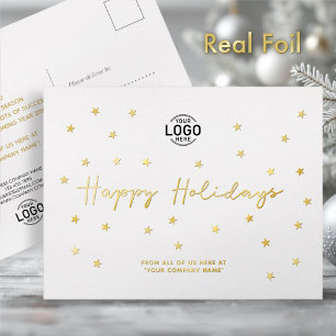 Your Logo Minimalist Gold Stars Business Holidays Foil Holiday Postcard