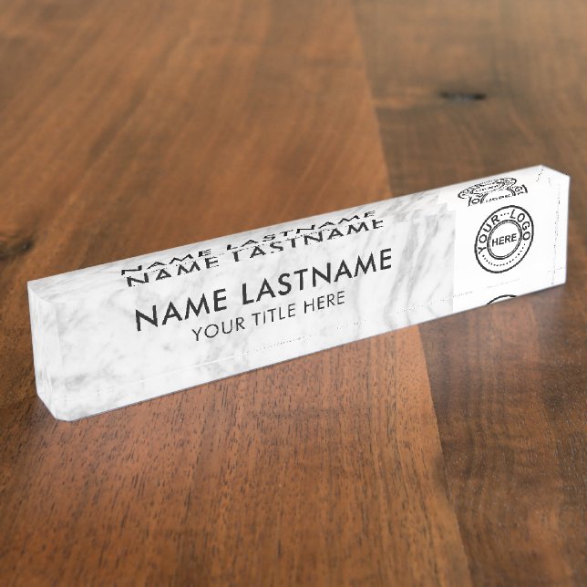 Your Logo Modern Minimalist White Grey Marble Nameplate (Side)
