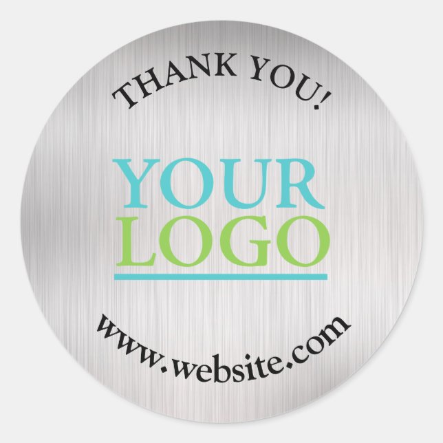 Your Logo Name & Website Brushed Silver Black Text Classic Round Sticker (Front)