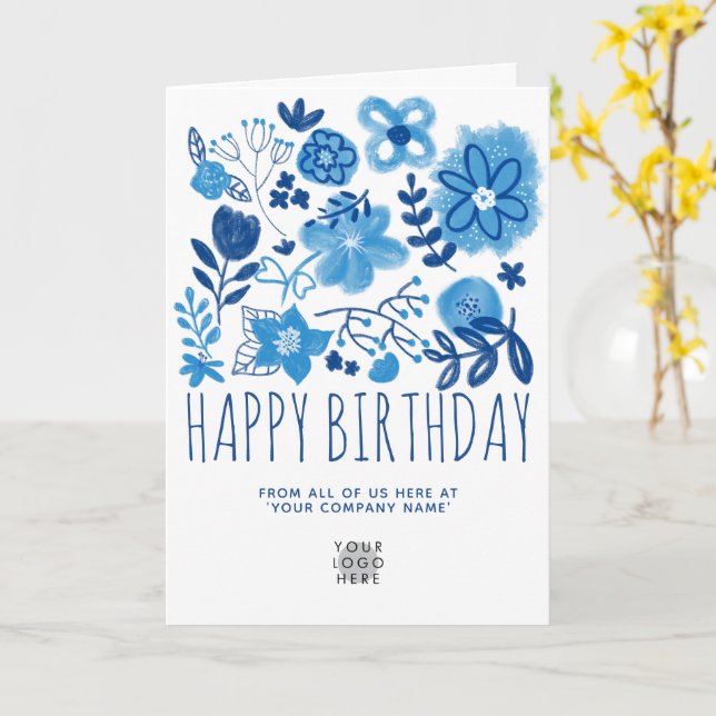 Your Logo Navy Blue Flowers Happy Birthday Card (Yellow Flower)