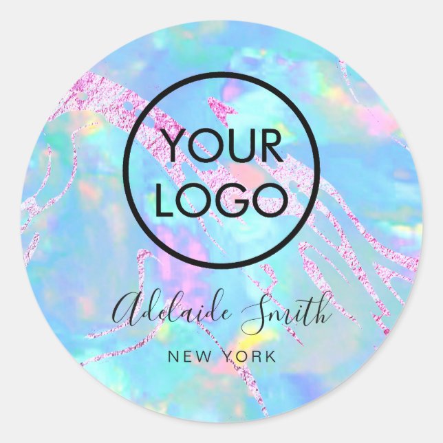 your logo on aqua opal   classic round sticker (Front)