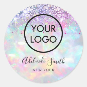 your logo on faux glitter opal classic round sticker