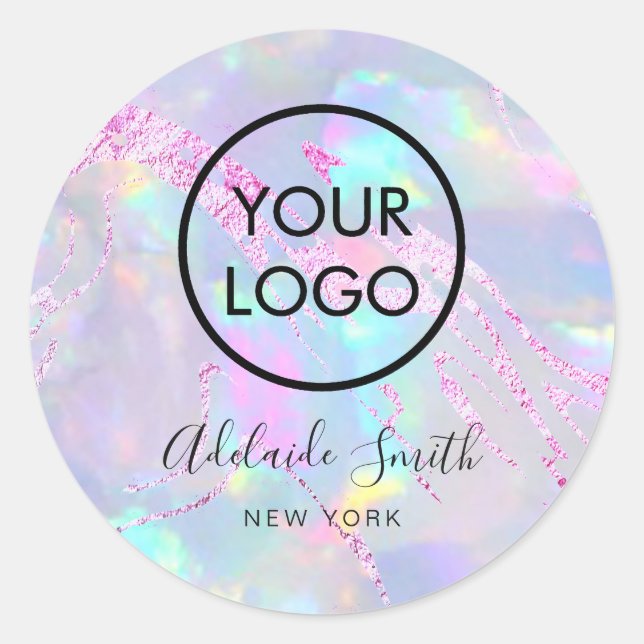 your logo on opal  purple foil classic round sticker (Front)