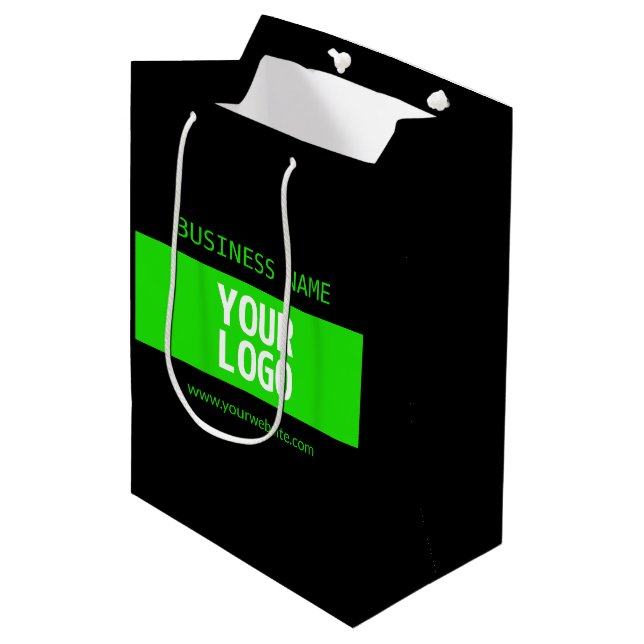 Your Logo or Image | Black & Bright Green Medium Gift Bag (Front Angled)