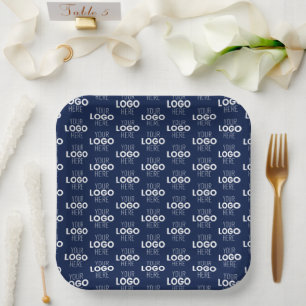 Your Logo or Image Repeating Pattern   Navy Blue Paper Plate