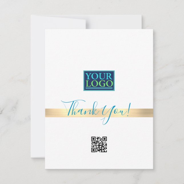 Your Logo QR Code Bus Name, Gold Stripe, Blue Thank You Card (Front)