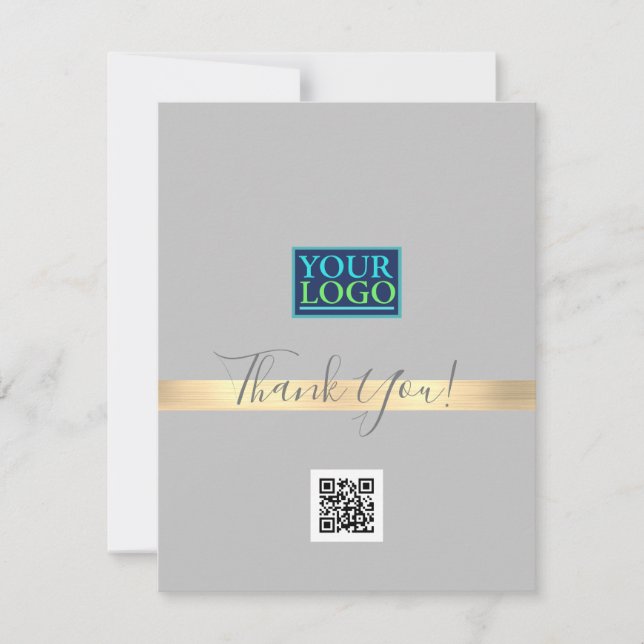Your Logo QR Code Bus Name, Gold Stripe Light Grey Thank You Card (Front)