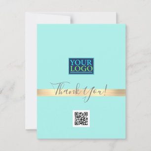 Your Logo QR Code Bus Name, Gold Stripe Light Teal Thank You Card