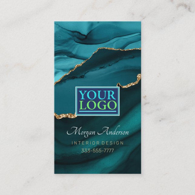 Your Logo, QR Code, Elegant Pro, Teal Agate & Gold Business Card (Front)