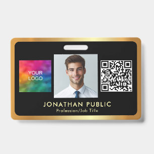 Your Logo QR Code Employee Photo Black & Gold Badge