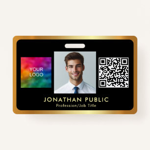Your Logo QR Code Employee Photo Black & Gold Badge